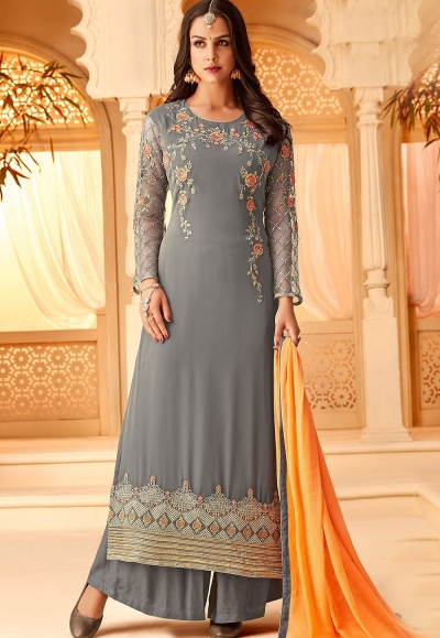 grey georgette embroidered palazzo style suit 5114