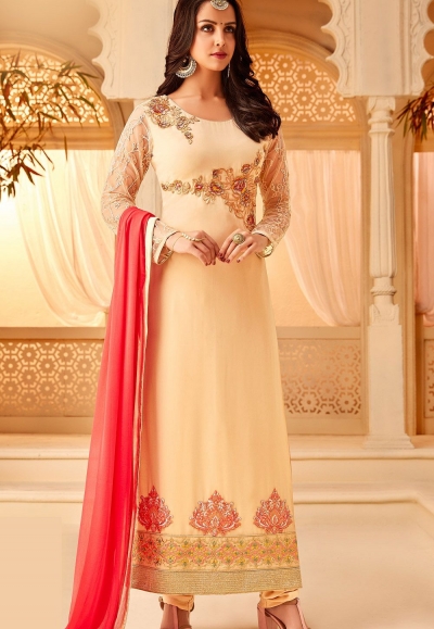 cream georgette embroidered straight churidar suit 5113