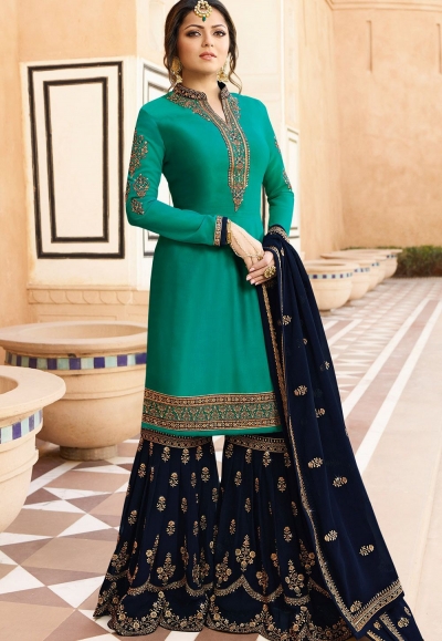 drashti dhami sky blue satin georgette embroidered sharara style suit 3609
