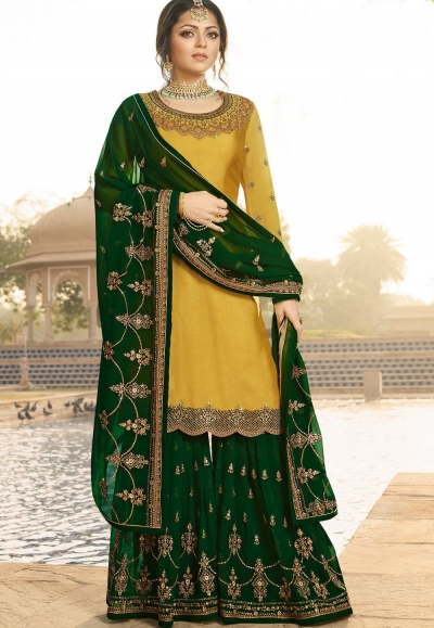 drashti dhami yellow green satin georgette embroidered sharara style suit 3608