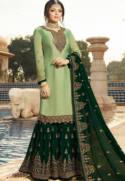 drashti dhami green satin georgette embroidered sharara style suit 3605