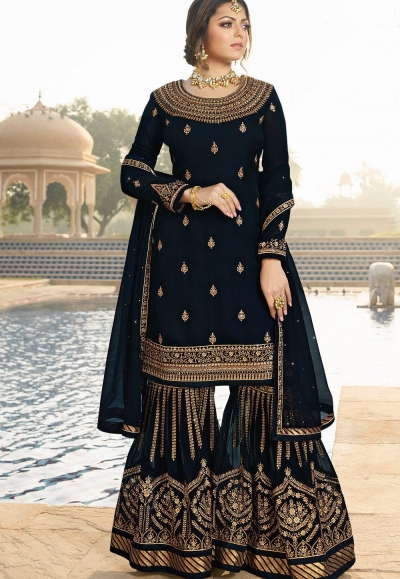 drashti dhami navy blue satin georgette embroidered sharara style suit 3604