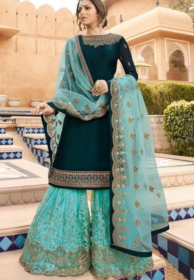 drashti dhami blue satin georgette embroidered sharara style suit 3602