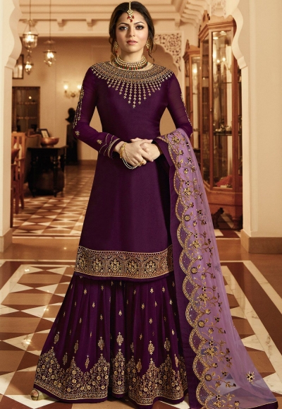drashti dhami purple satin georgette embroidered sharara style suit 3601
