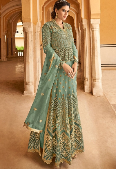 blue shade net embroidered long anarkali suit 15102d