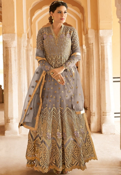 grey net embroidered long anarkali suit 15102c