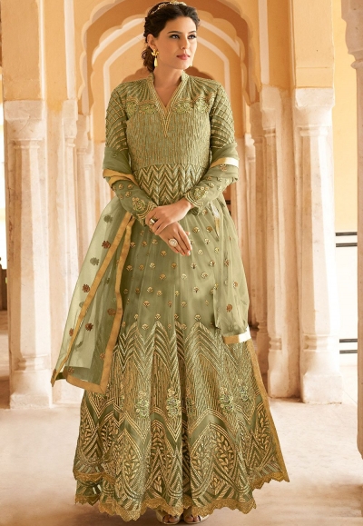 green net embroidered long anarkali suit 15102a