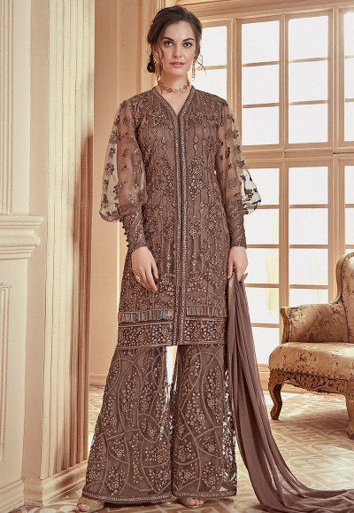 brown heavy net embroidered palazzo style pakistani suit 908