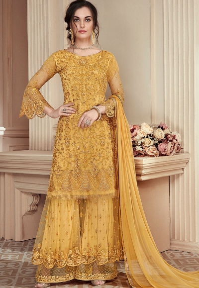 yellow heavy net embroidered palazzo style pakistani suit 906