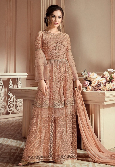 peach heavy net embroidered palazzo style pakistani suit 903