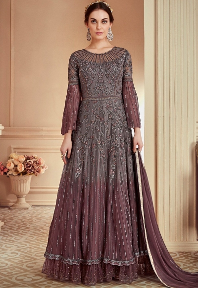 grey heavy shaded net embroidered long designer suit 902