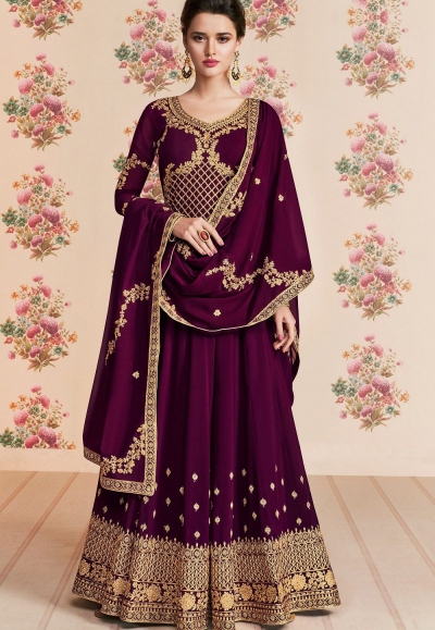 purple georgette embroidered long anarkali suit 8193