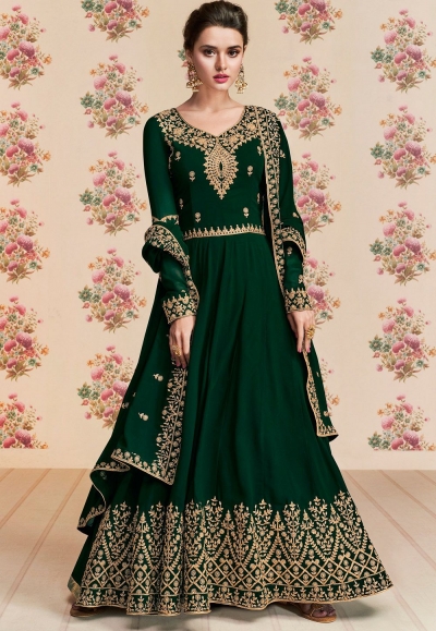 dark green georgette embroidered long anarkali suit 8192