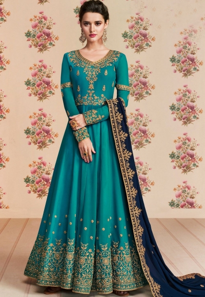 teal georgette embroidered long anarkali suit 8190