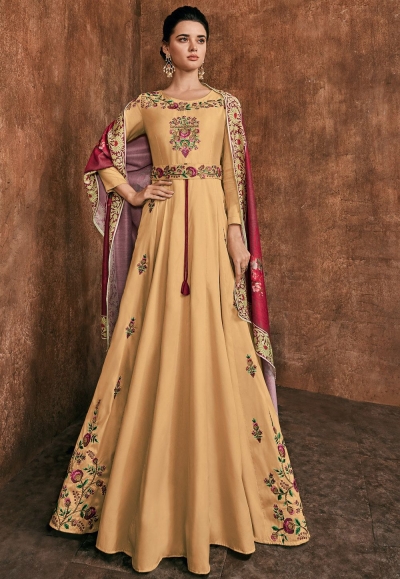 yellow rayon long embroidered indowestern anarkali suit 39035