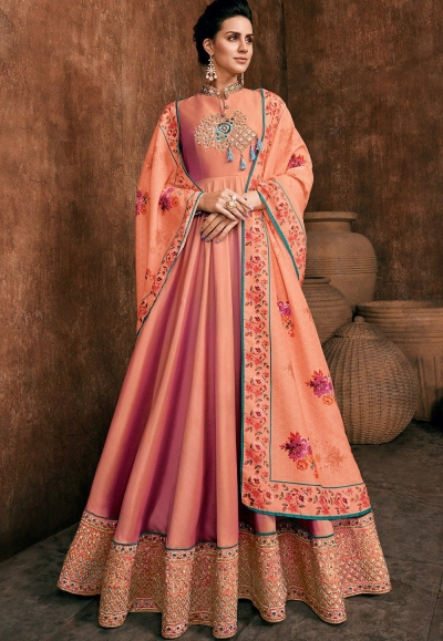 peach rayon long embroidered indowestern anarkali suit 39032