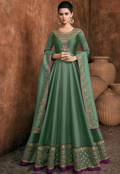 green rayon long embroidered indowestern anarkali suit 39031