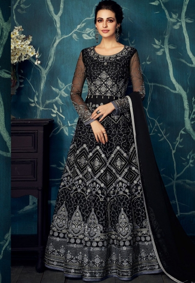 black net embroidered floor length anarkali suit 27019