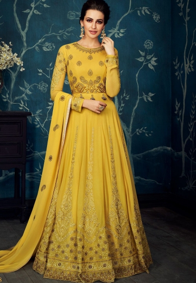 yellow georgette embroidered floor length anarkali suit 27018