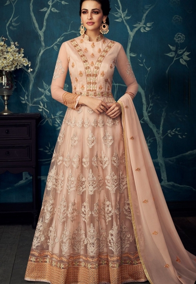 light pink net embroidered floor length anarkali suit 27016