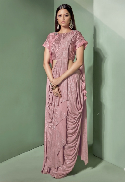 Pink lycra frilled party wear saree  5304