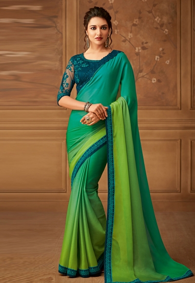Sea green silk embroidered saree with blouse  518