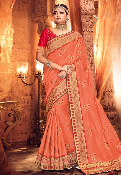 Peach satin party wear saree  1913