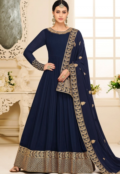 navy blue silk embroidered long anarkali suit 40003