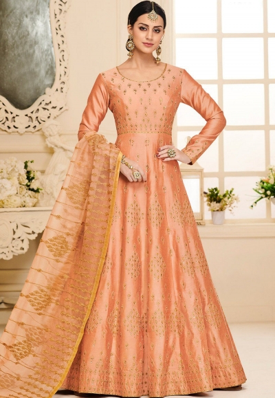 peach silk embroidered long anarkali suit 40002