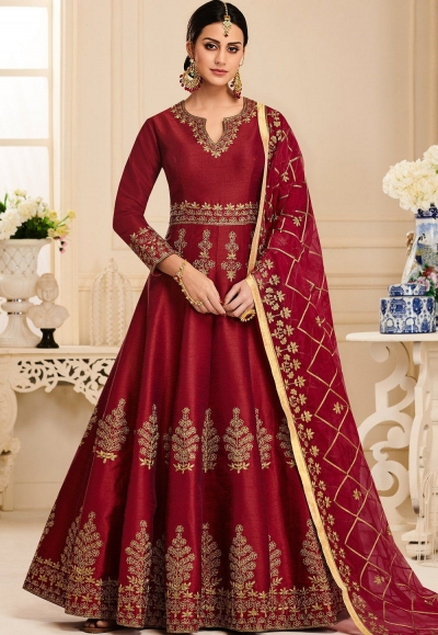 maroon silk embroidered long anarkali suit 40001