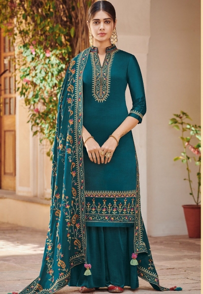 blue ora silk embroidered palazzo style suit 806