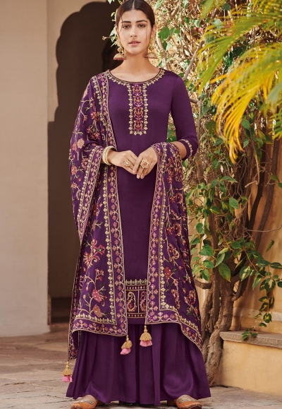 purple ora silk embroidered palazzo style suit 805