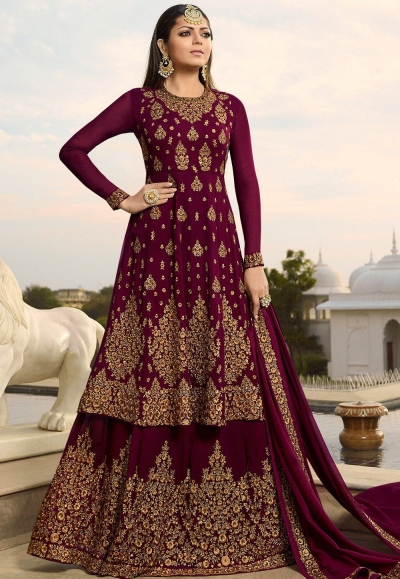 drashti dhami wine georgette embroidered lehenga style suit 3805