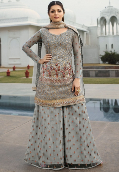 drashti dhami grey net embroidered palazzo style suit 3804