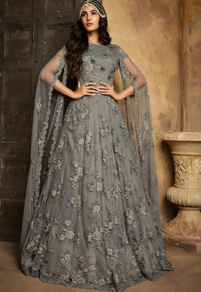 sonal chauhan grey net heavy embroidered floor length anarkali suit 7206