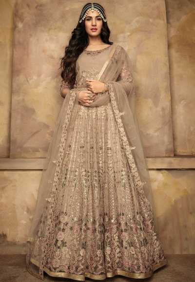 sonal chauhan beige net heavy embroidered long anarkali suit 7205