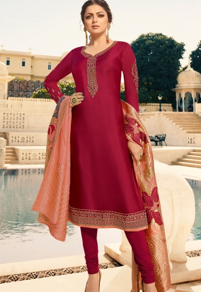 drashti dhami dark pink satin georgette straight churidar bollywood suit 4007