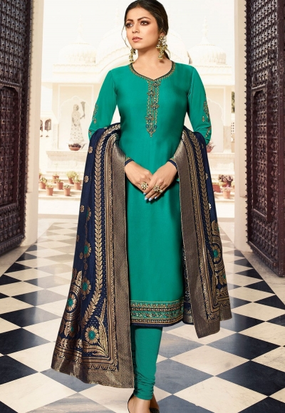 drashti dhami turquoise satin georgette straight churidar bollywood suit 4005