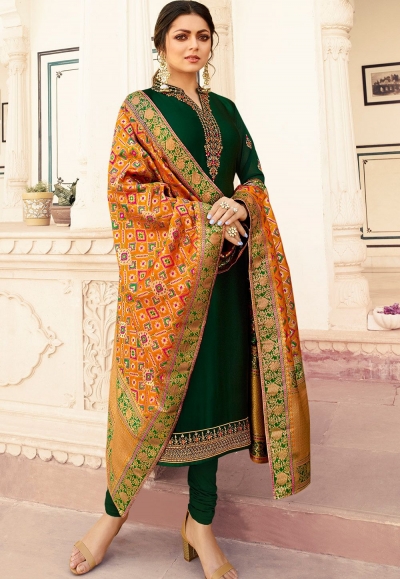 drashti dhami dark green satin georgette straight churidar bollywood suit 4002