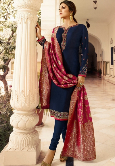 drashti dhami navy blue satin georgette straight churidar bollywood suit 4001