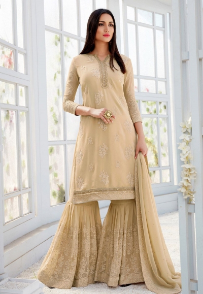 beige georgette straight sharara style suit 503