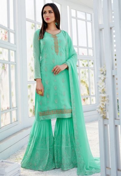 turquoise georgette straight sharara style suit 502