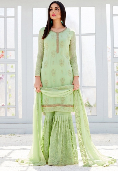 light green georgette straight sharara style suit 499