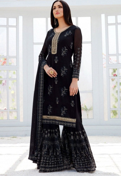 black georgette straight sharara style suit 498