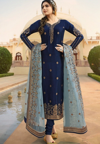 navy blue jacquard embroidered straight churidar suit 3706